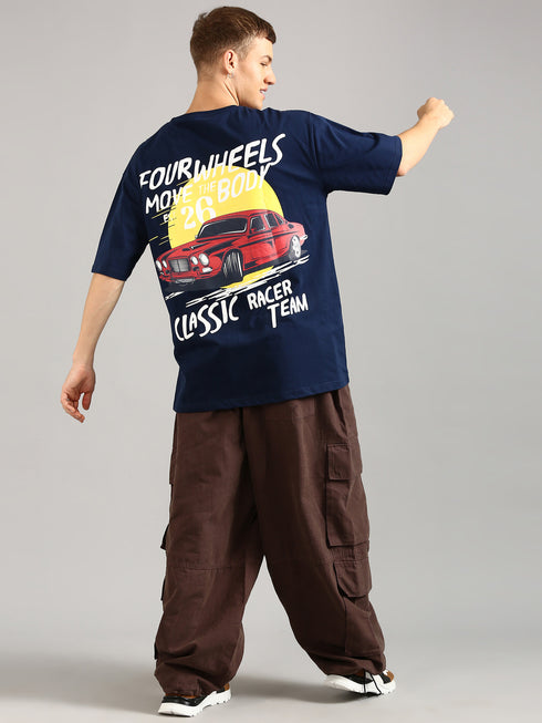 Navy Blue Cut&Sew Oversized Printed T-shirt